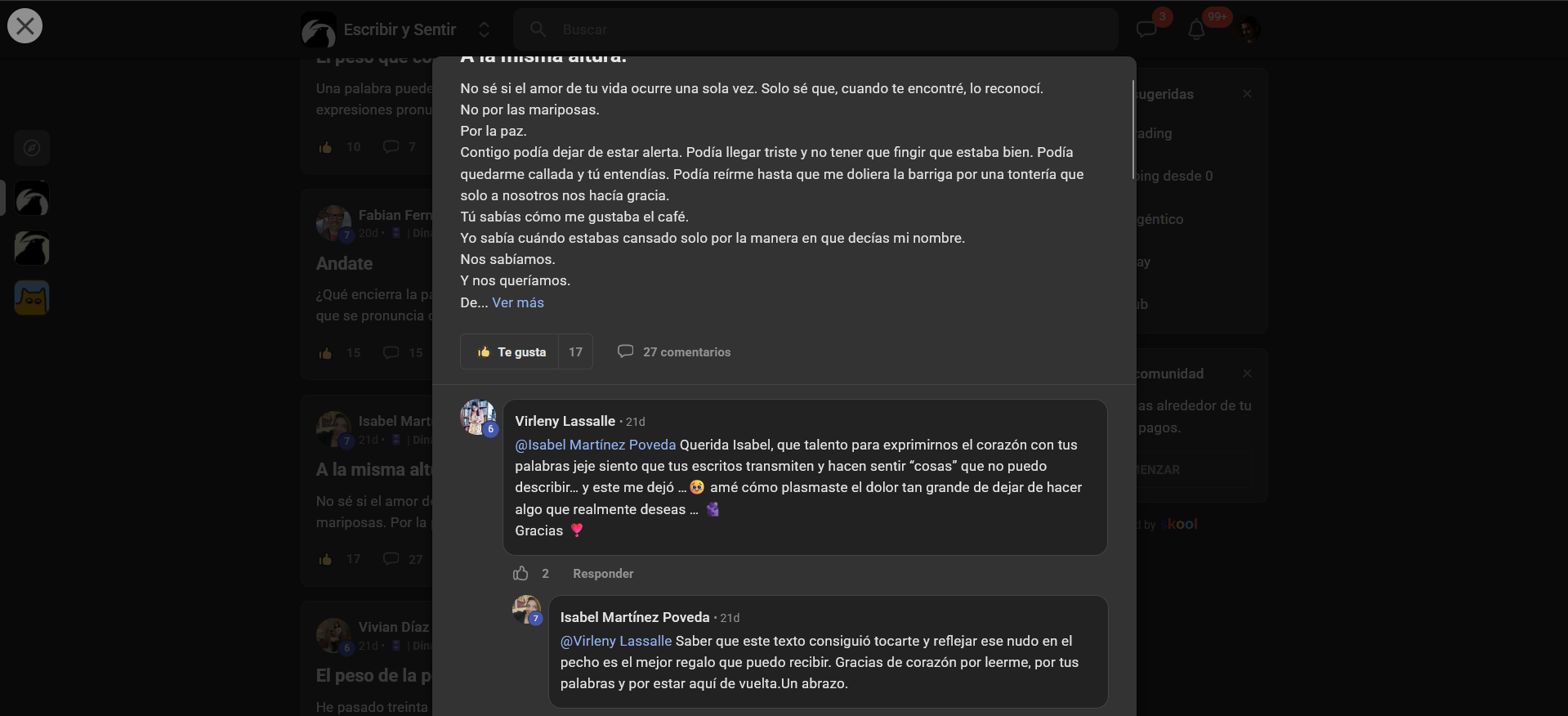 Virleny cuenta lo que le hizo sentir el texto e Isabel le agradece haberlo leído y compartido sus palabras.